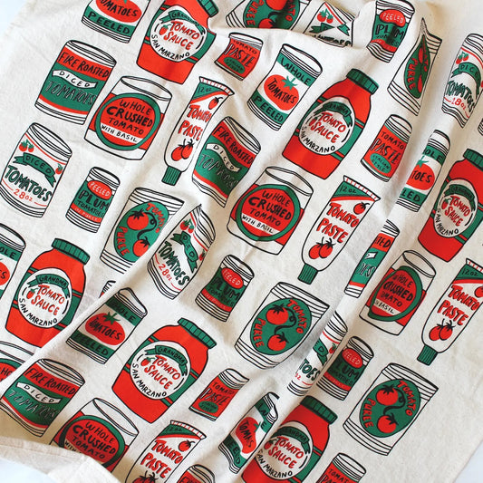 Canned Tomatoes Screen Printed Tea Towel